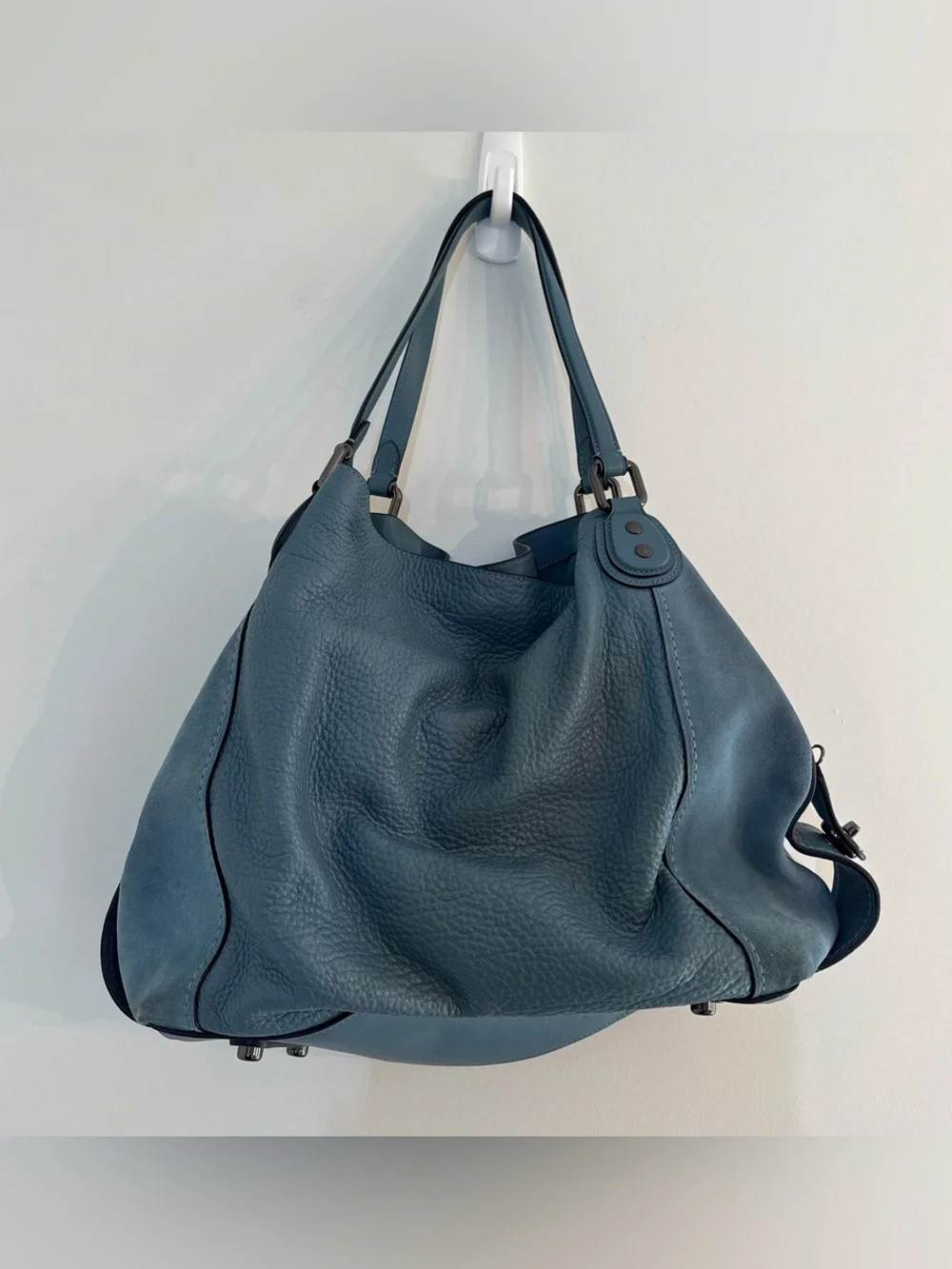 Coach Edie 42 Buffalo-Embossed Mixed Leathers Blue Large Shoulder Bag